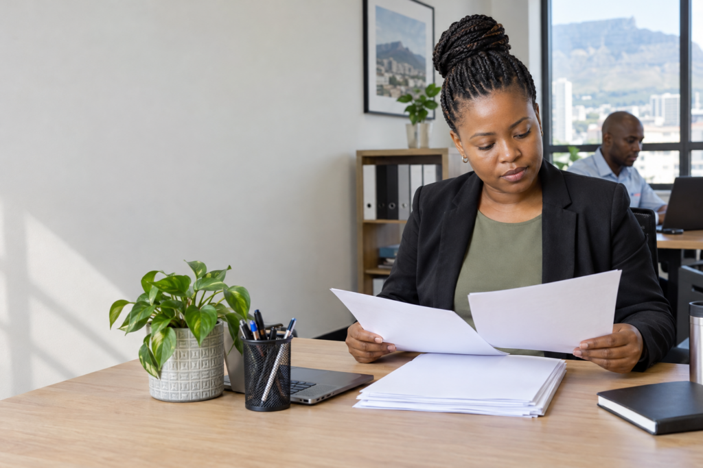 Workplace administrator reviewing printed documents at a desk in a South African office